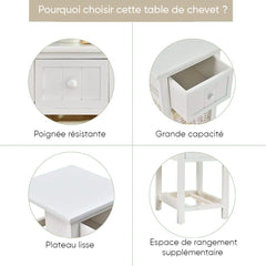 Commode en bois blanc shabby chic avec tiroir et panier en osier amovible