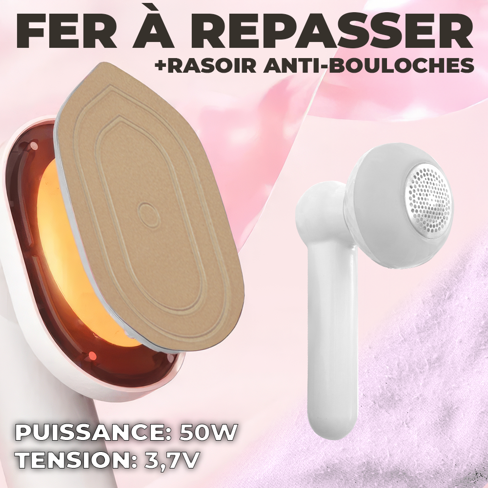 Mini fer à repasser rechargeable 2 en 1 avec brosse à peluches de voyage