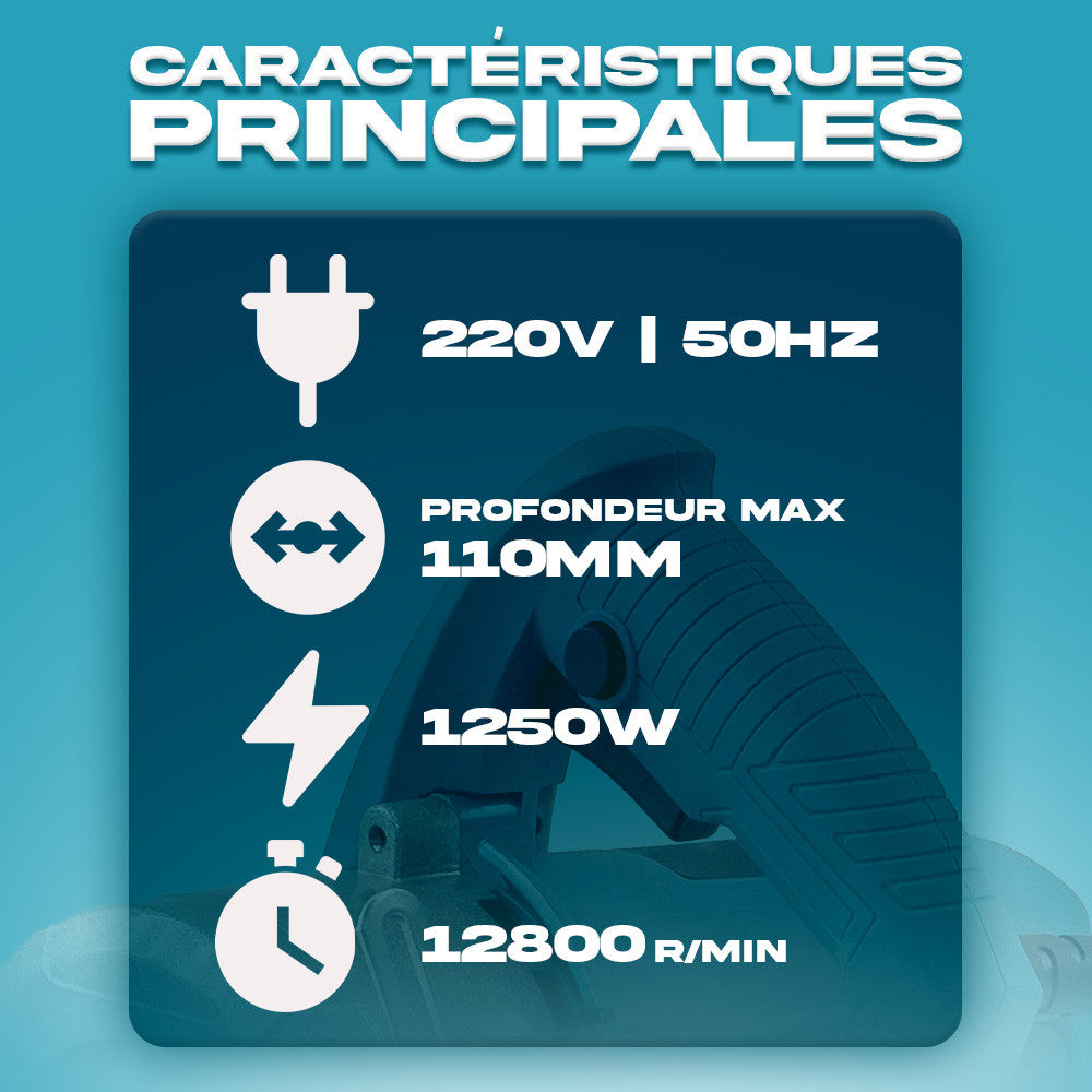 Scie Circulaire 1250W, Coupe 110mm, Électrique pour Bois, Marbre, Céramique