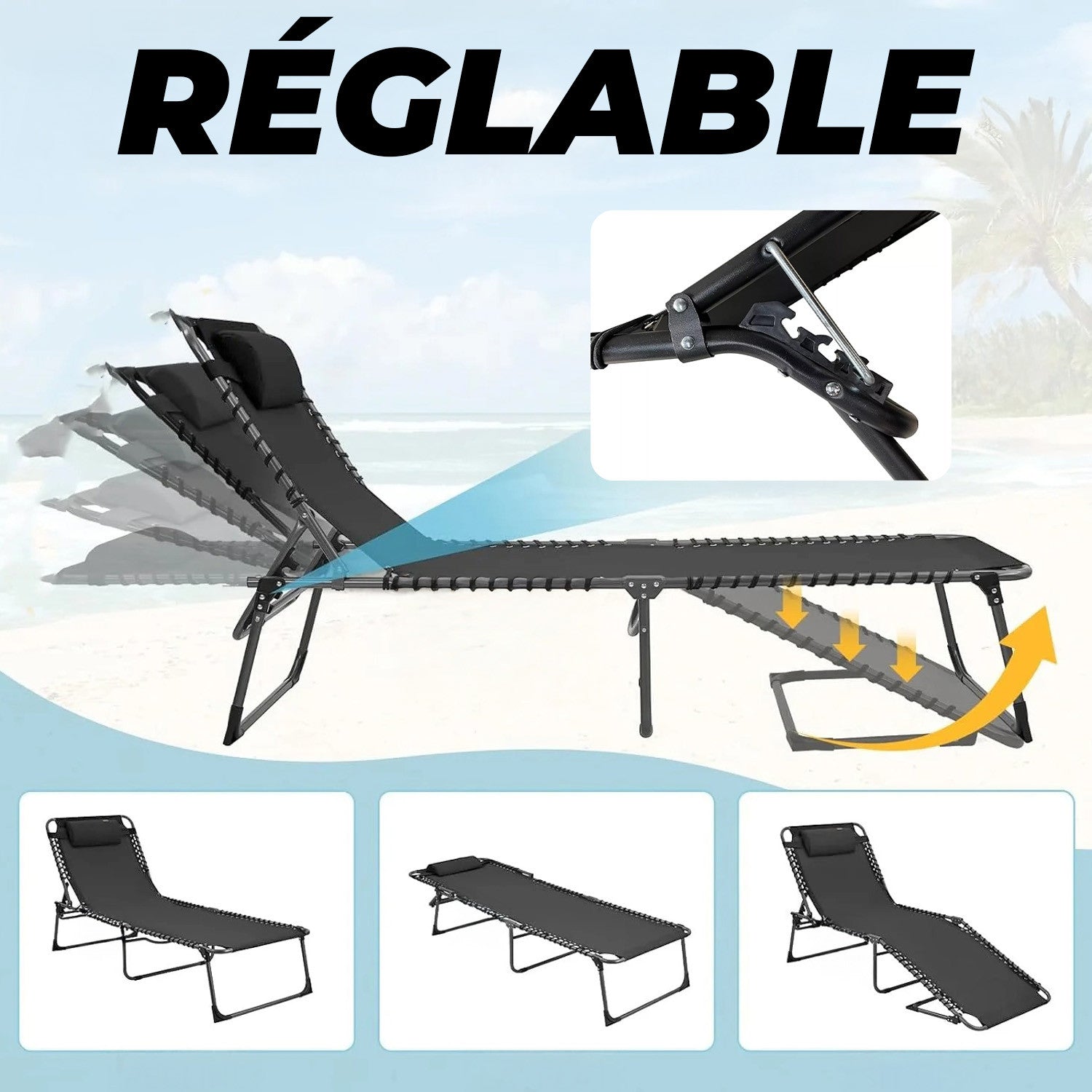 Transat en Textilène Design Cordonné, Pliable avec Dossier Inclinable.