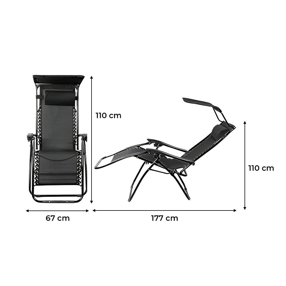 2 pièces Chaise longue Gravity Zero pliable et inclinable avec pare-soleil