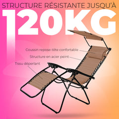 2 pièces Chaise longue Gravity Zero pliable et inclinable avec pare-soleil