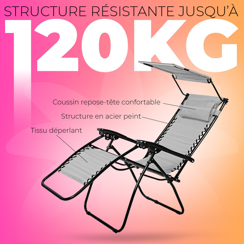 2 pièces Chaise longue Gravity Zero pliable et inclinable avec pare-soleil