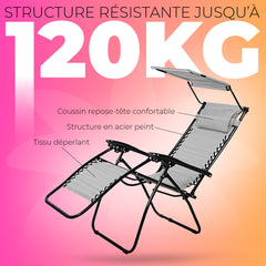 2 pièces Chaise longue Gravity Zero pliable et inclinable avec pare-soleil
