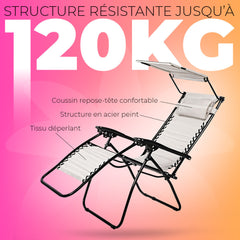 2 pièces Chaise longue Gravity Zero pliable et inclinable avec pare-soleil