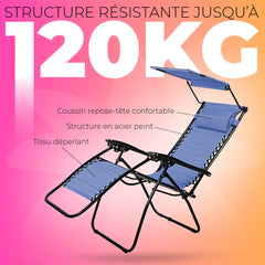 2 pièces Chaise longue Gravity Zero pliable et inclinable avec pare-soleil