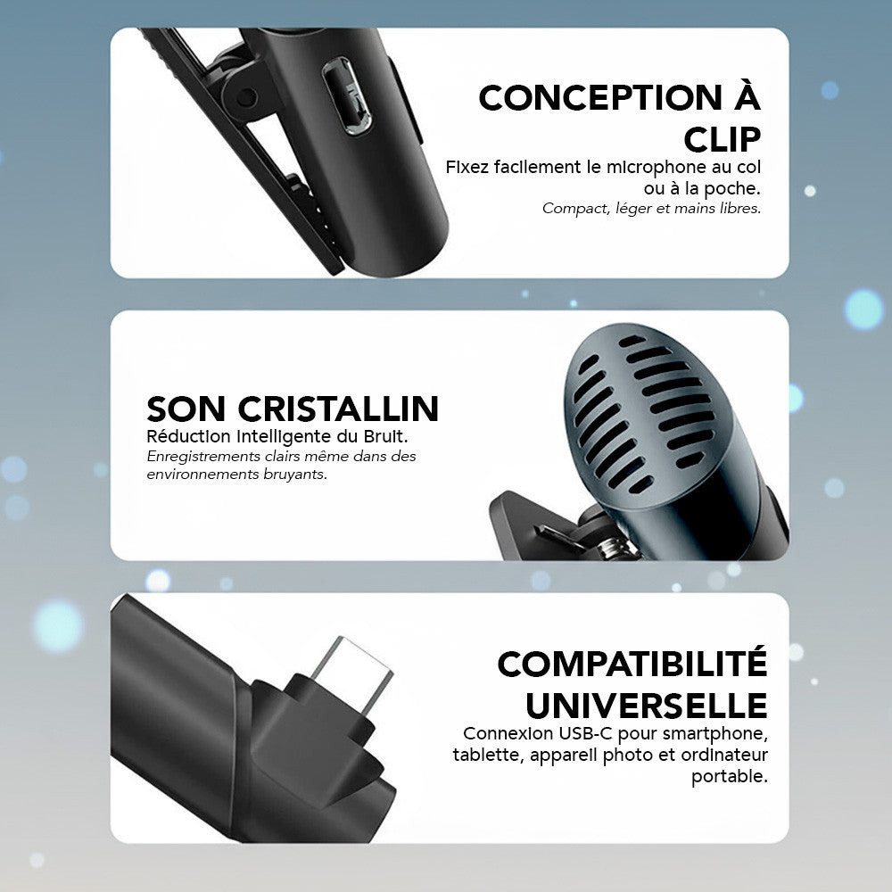 Microphone sans fil Type-C – Autonomie 6 heures, portée 10-15 m