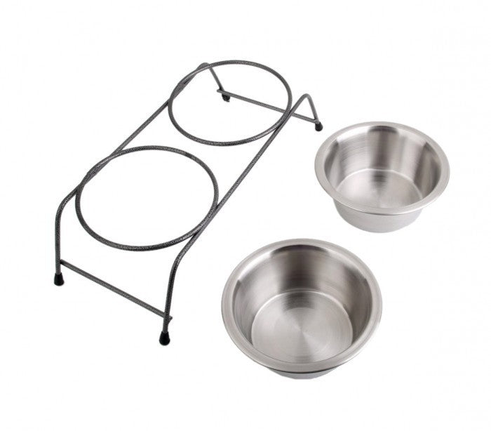 180593 double gamelle en acier pour chiens avec support sureleve 40x17x8,5 cm
