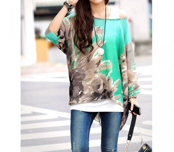 Blouse en mousseline de soie oversize asymétrique imprimé floral vert 001