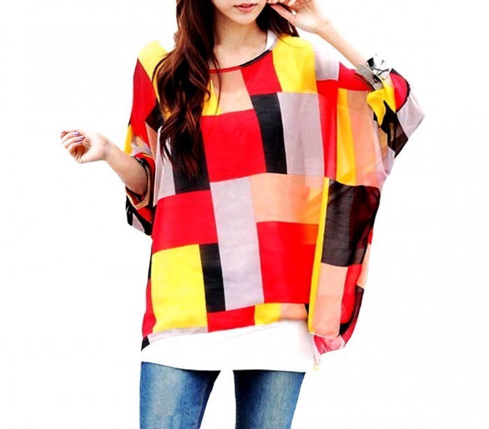 Blouse en mousseline de soie oversize asymétrique motifs géométriques rouge 003