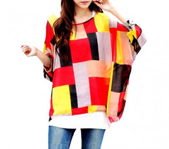 Blouse en mousseline de soie oversize asymétrique motifs géométriques rouge 003