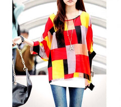 Blouse en mousseline de soie oversize asymétrique motifs géométriques rouge 003
