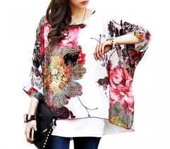 Blouse en mousseline de soie oversize asymétrique avec imprime floral blanc 005