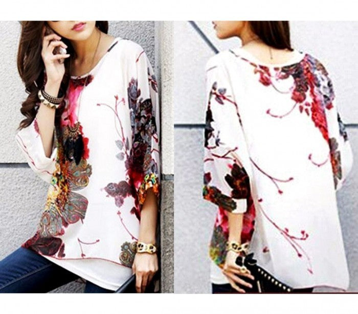 Blouse en mousseline de soie oversize asymétrique avec imprime floral blanc 005